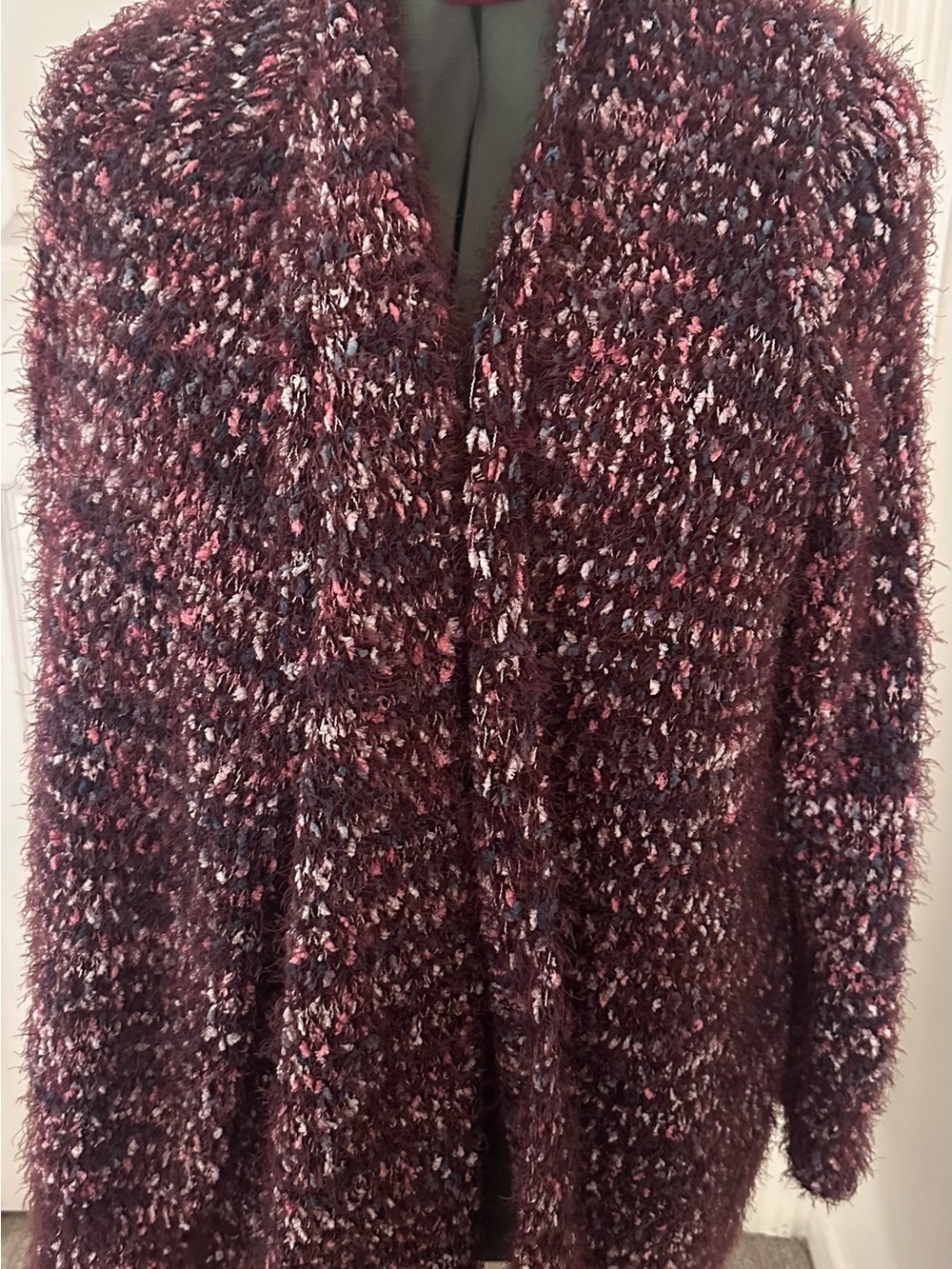 Lane Bryant Burgundy Bouclé Open-Front Cardigan with Pink Flecks